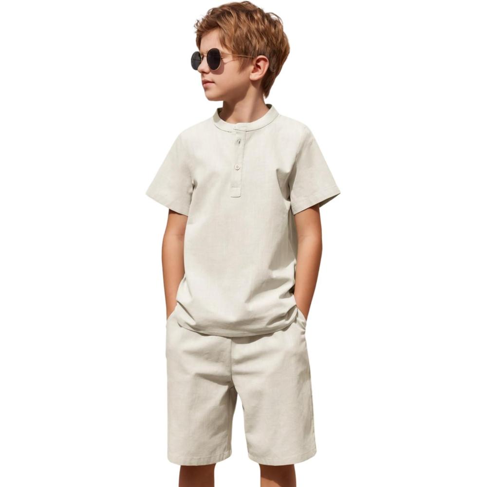 imageArshiner Boys 2 Pieces Cotton Linen Set Casual Henley Shirts Short Sleeve Beach Shorts Summer Outfits for 512 YearsBeige