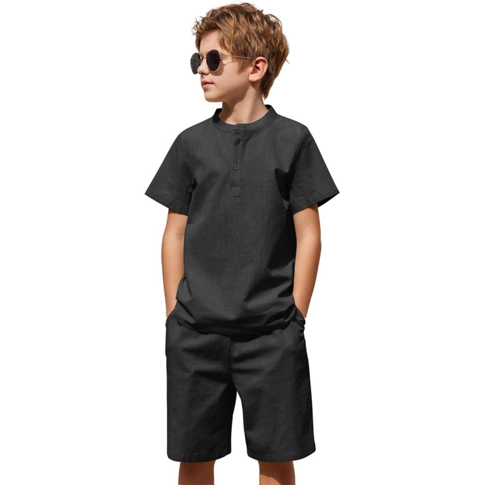 imageArshiner Boys 2 Pieces Cotton Linen Set Casual Henley Shirts Short Sleeve Beach Shorts Summer Outfits for 512 YearsBlack
