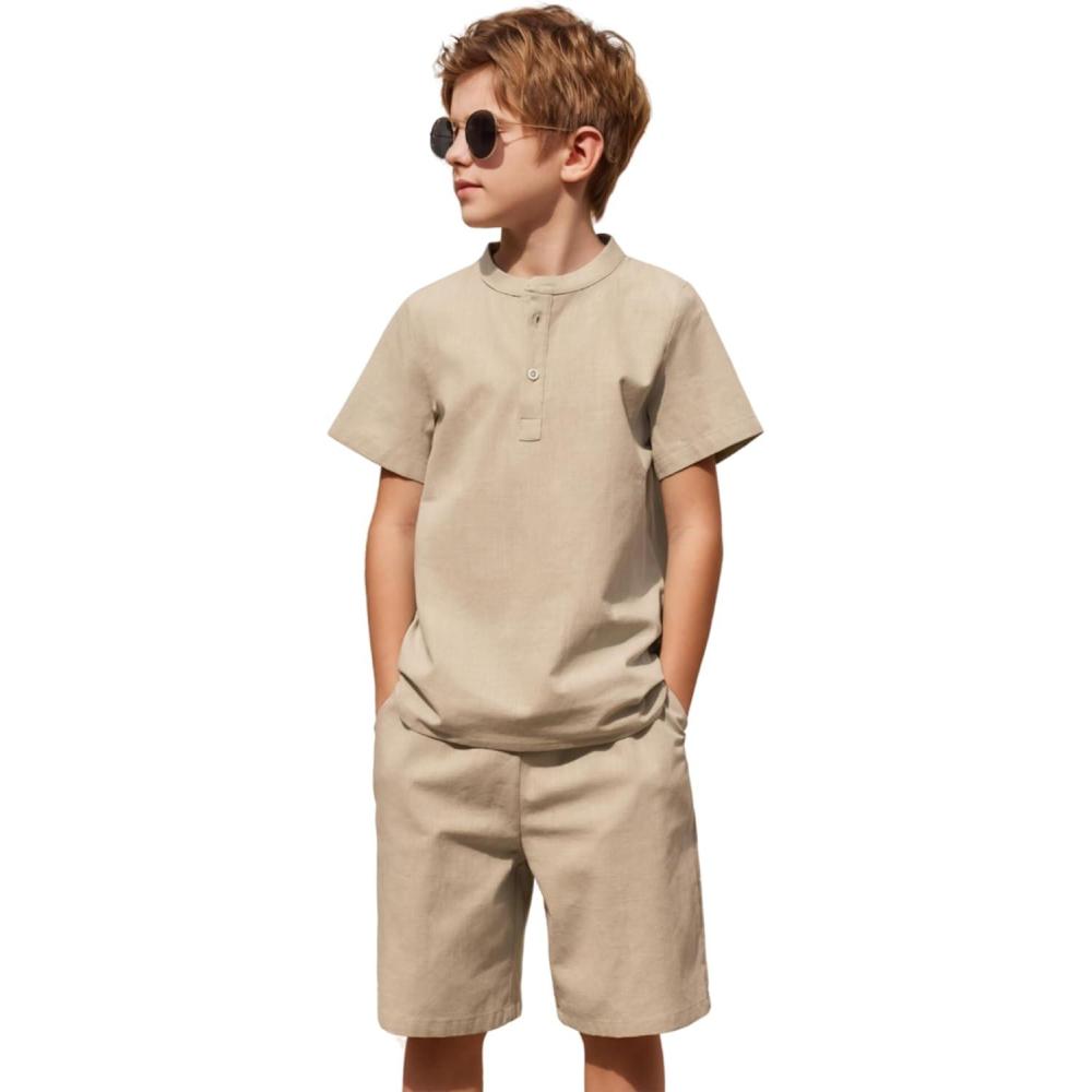 imageArshiner Boys 2 Pieces Cotton Linen Set Casual Henley Shirts Short Sleeve Beach Shorts Summer Outfits for 512 YearsDeep Khaki