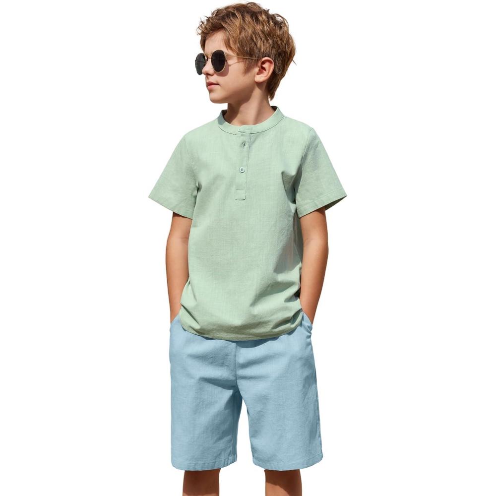 imageArshiner Boys 2 Pieces Cotton Linen Set Casual Henley Shirts Short Sleeve Beach Shorts Summer Outfits for 512 YearsGreen and Khaki