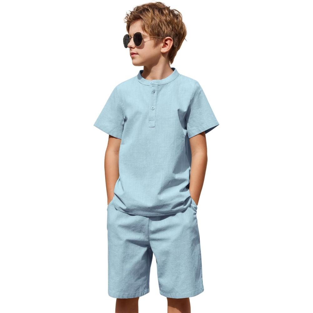 imageArshiner Boys 2 Pieces Cotton Linen Set Casual Henley Shirts Short Sleeve Beach Shorts Summer Outfits for 512 YearsLight Blue