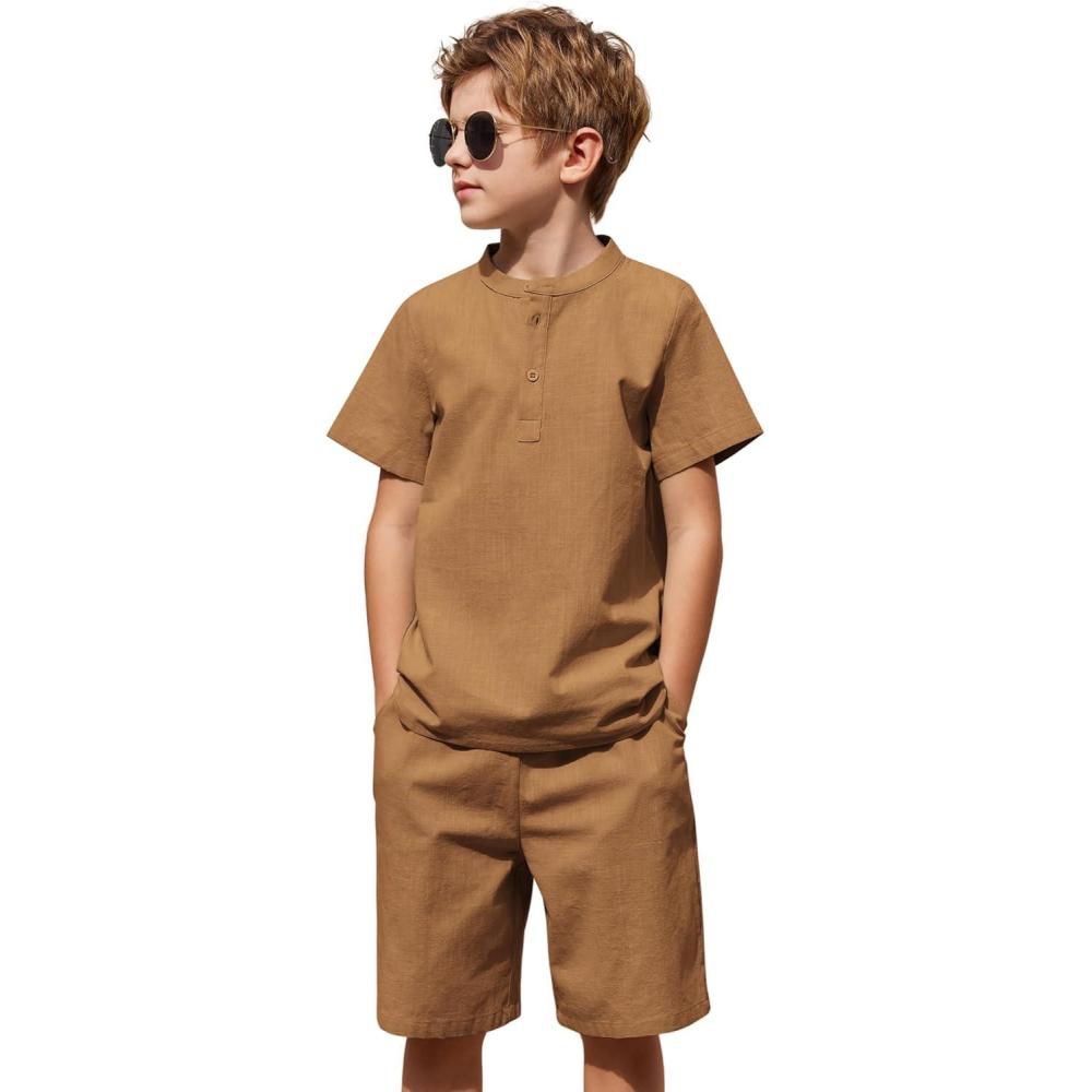 imageArshiner Boys 2 Pieces Cotton Linen Set Casual Henley Shirts Short Sleeve Beach Shorts Summer Outfits for 512 YearsLight Brown