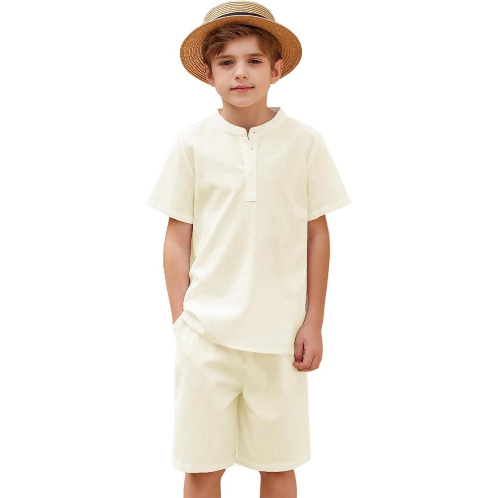 imageArshiner Boys 2 Pieces Cotton Linen Set Casual Henley Shirts Short Sleeve Beach Shorts Summer Outfits for 512 YearsLight Khaki