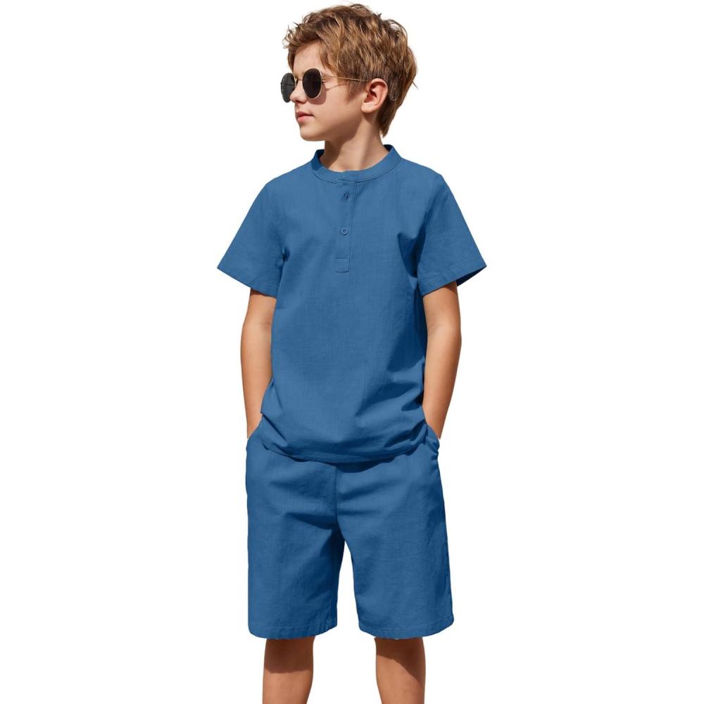 imageArshiner Boys 2 Pieces Cotton Linen Set Casual Henley Shirts Short Sleeve Beach Shorts Summer Outfits for 512 YearsNavy Blue