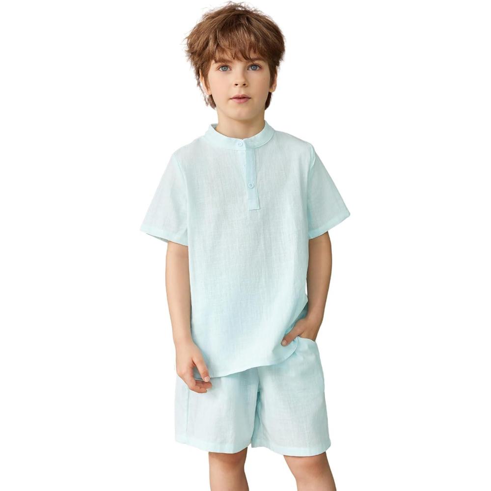 imageArshiner Boys 2 Pieces Cotton Linen Set Casual Henley Shirts Short Sleeve Beach Shorts Summer Outfits for 512 YearsSky Blue