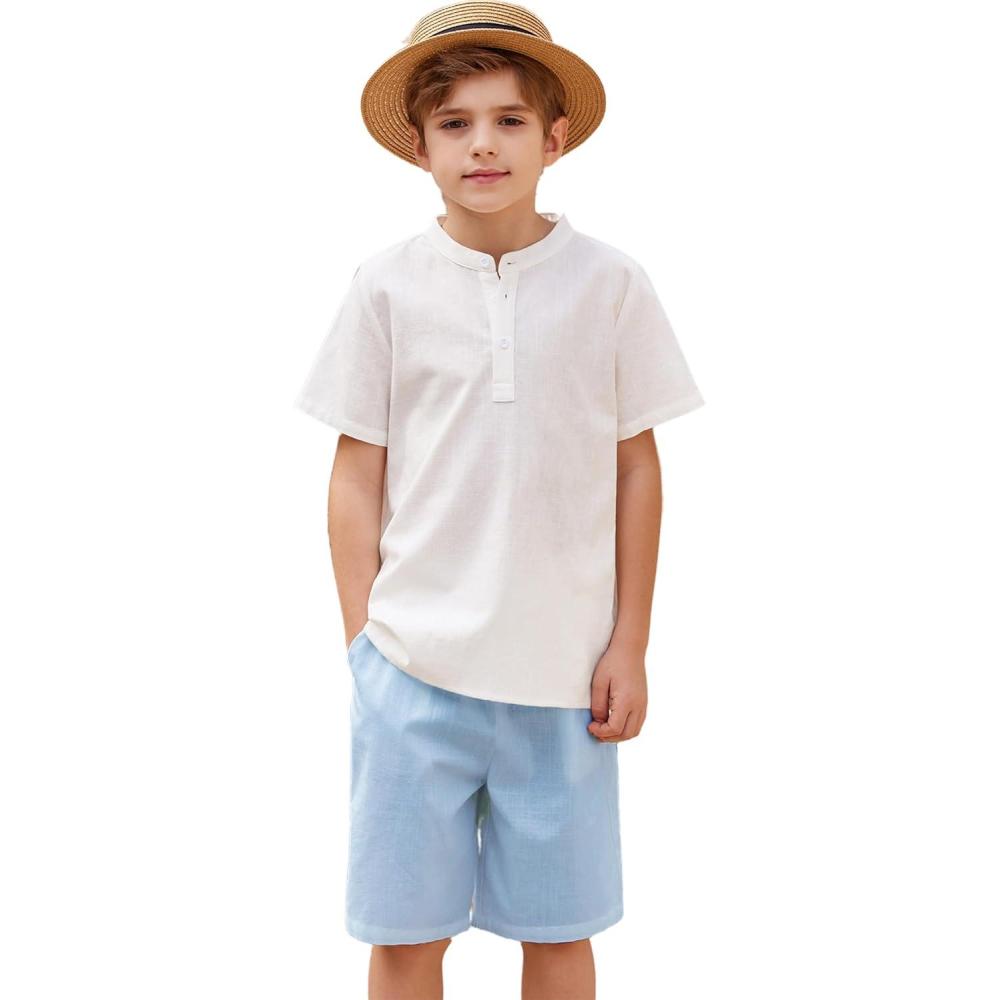 imageArshiner Boys 2 Pieces Cotton Linen Set Casual Henley Shirts Short Sleeve Beach Shorts Summer Outfits for 512 YearsWhite and Blue