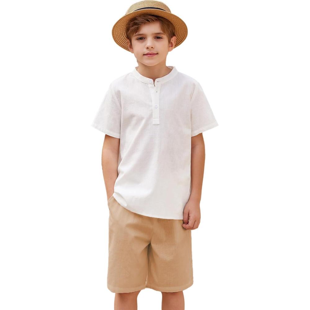 imageArshiner Boys 2 Pieces Cotton Linen Set Casual Henley Shirts Short Sleeve Beach Shorts Summer Outfits for 512 YearsWhite and Deep Khaki