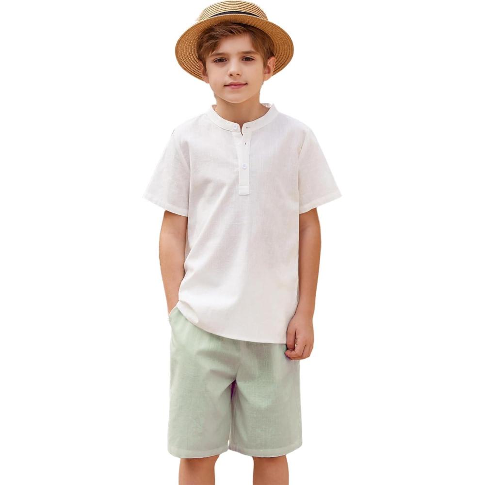 imageArshiner Boys 2 Pieces Cotton Linen Set Casual Henley Shirts Short Sleeve Beach Shorts Summer Outfits for 512 YearsWhite and Green