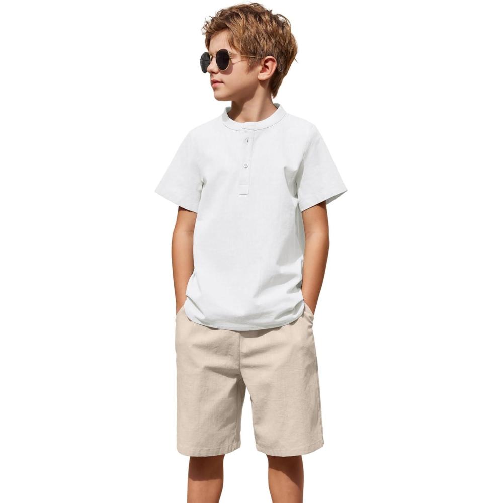 imageArshiner Boys 2 Pieces Cotton Linen Set Casual Henley Shirts Short Sleeve Beach Shorts Summer Outfits for 512 YearsWhite and Khaki