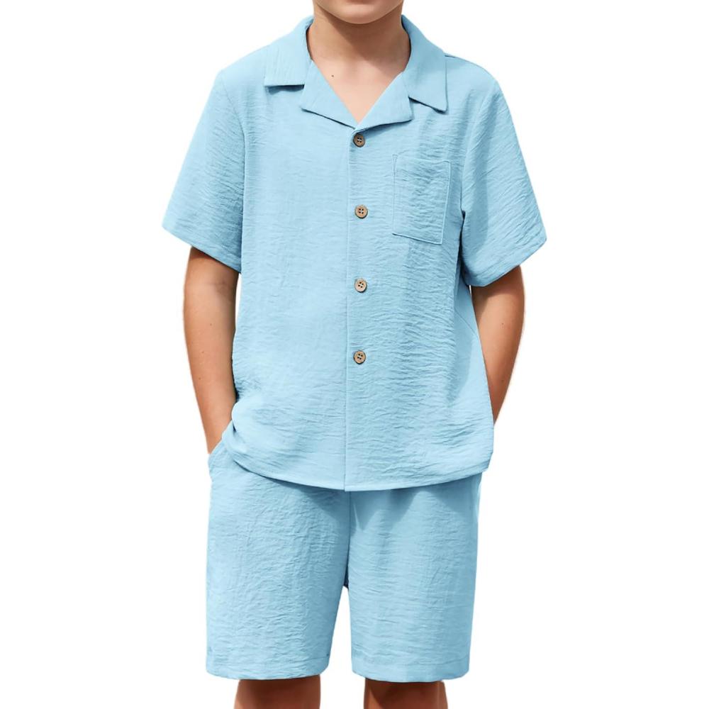 imageArshiner Boys 2Pcs Summer Outfits Short Sleeve Button Down Shirt and Shorts Set Kids Clothes Light Blue 78 Years