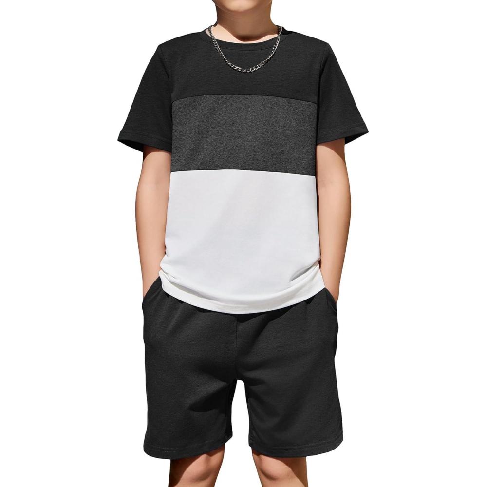 imageArshiner Boys 2Piece Cotton Outfit Color Block TShirt and Shorts Set Casual Summer Clothes for Kids 614 YearsBlack  Grey  White