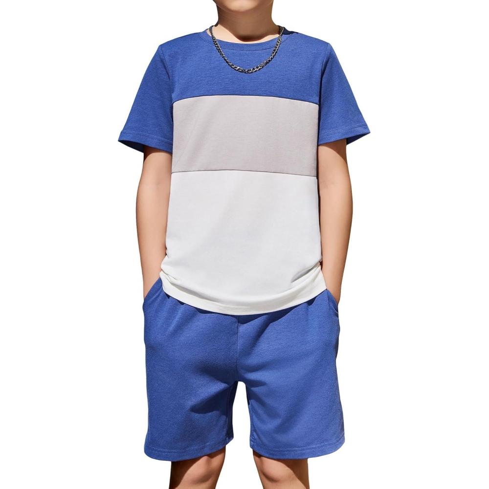imageArshiner Boys 2Piece Cotton Outfit Color Block TShirt and Shorts Set Casual Summer Clothes for Kids 614 YearsBlue Grey White