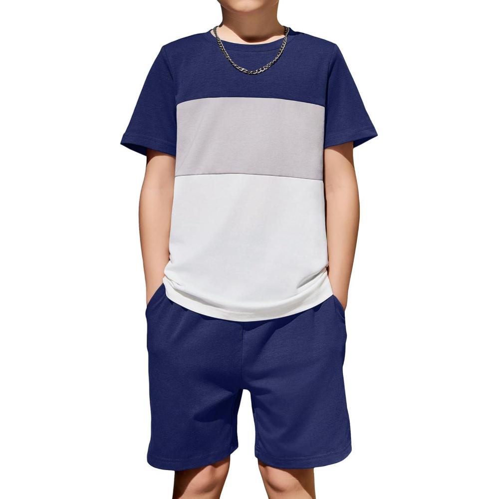 imageArshiner Boys 2Piece Cotton Outfit Color Block TShirt and Shorts Set Casual Summer Clothes for Kids 614 YearsNavy Grey White