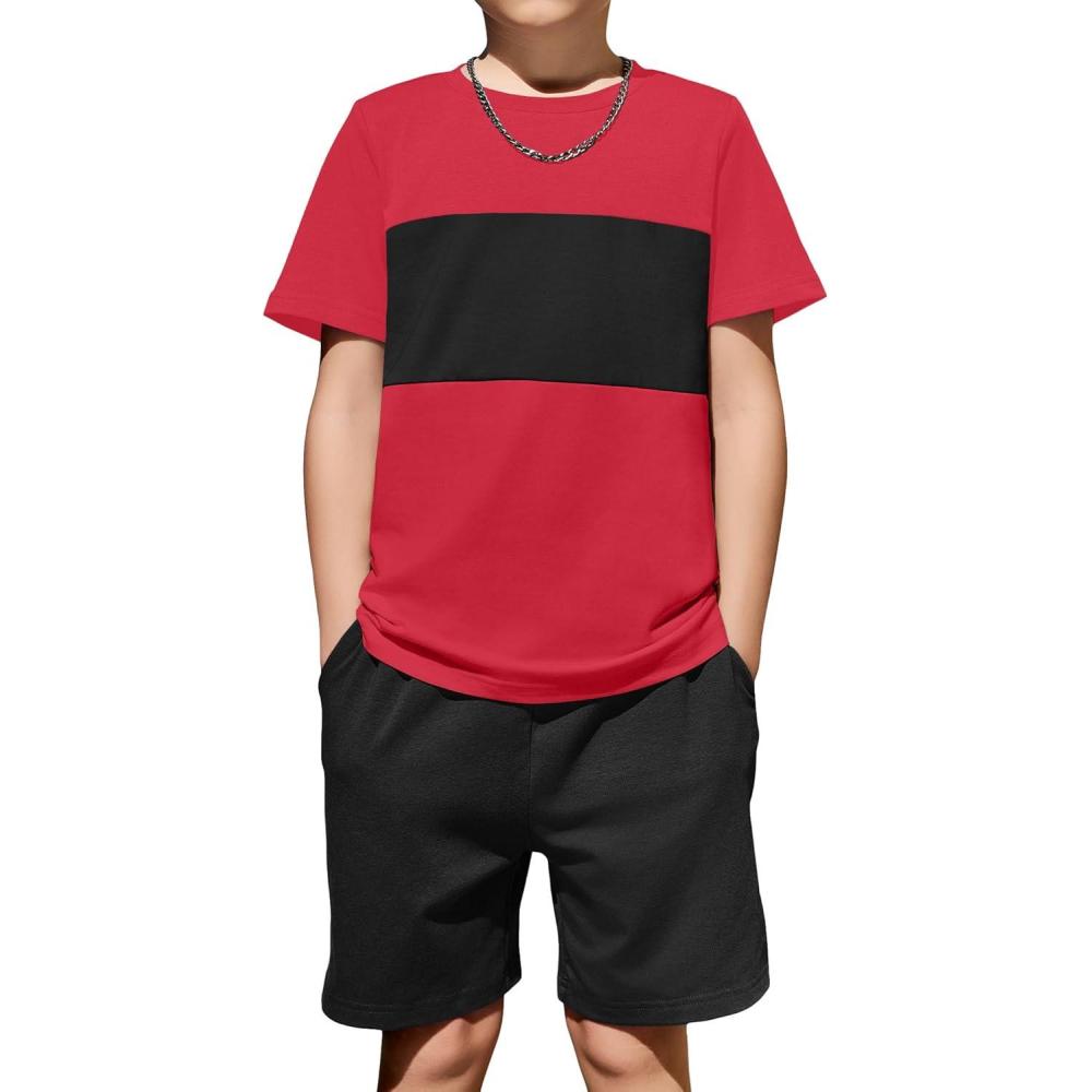 imageArshiner Boys 2Piece Cotton Outfit Color Block TShirt and Shorts Set Casual Summer Clothes for Kids 614 YearsRed Black