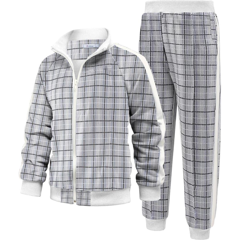 imageArshiner Boys Active Tracksuits Sets Full Zip Sports Jogging Suits Athletic Running 2 Piece Sweatsuits for 513 YearsWhiteBlack Plaid