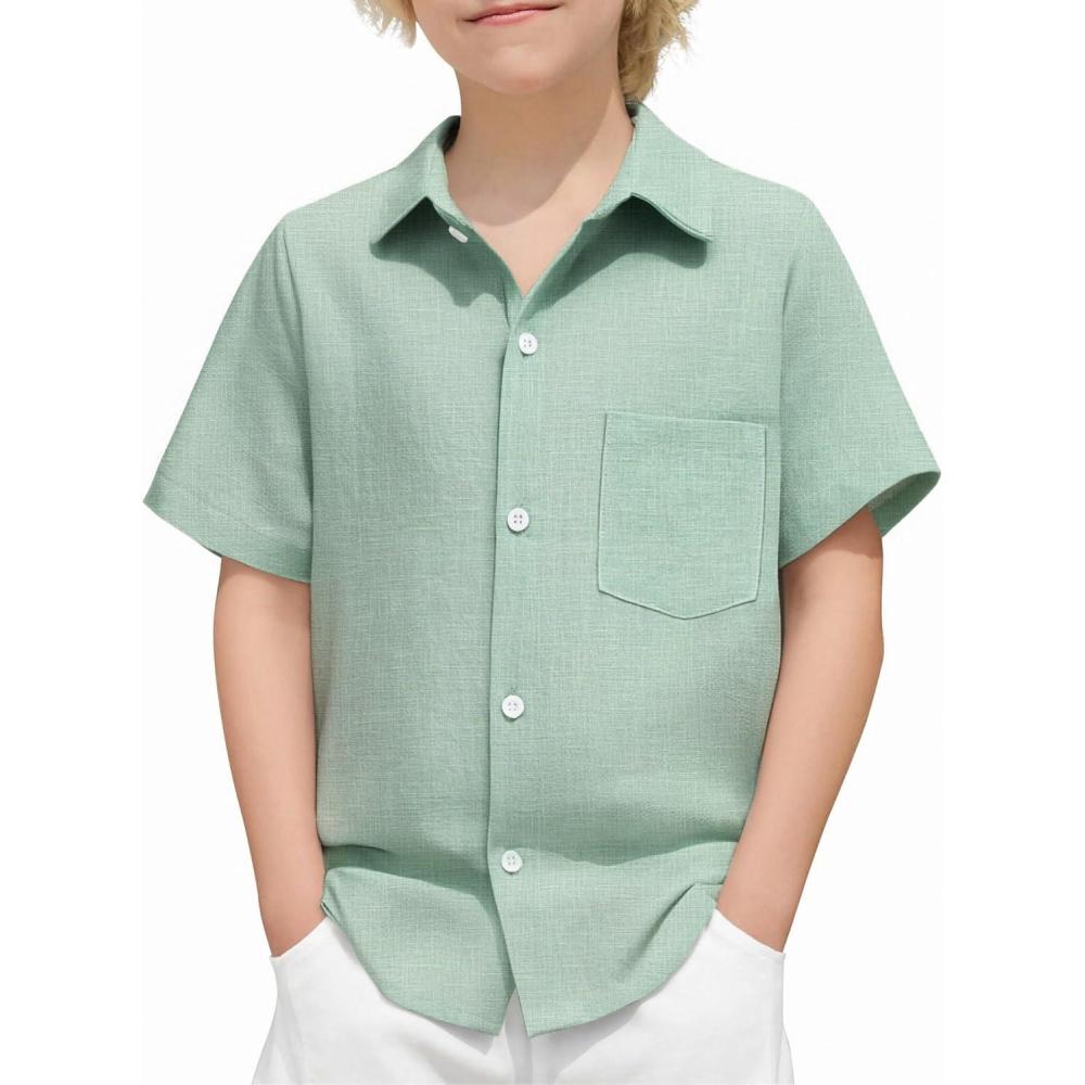 imageArshiner Boys Button Down Shirt 100 Cotton Short Sleeve Shirt Solid Summer Beach Shirts with Pocket Size 414 YearsIce Green
