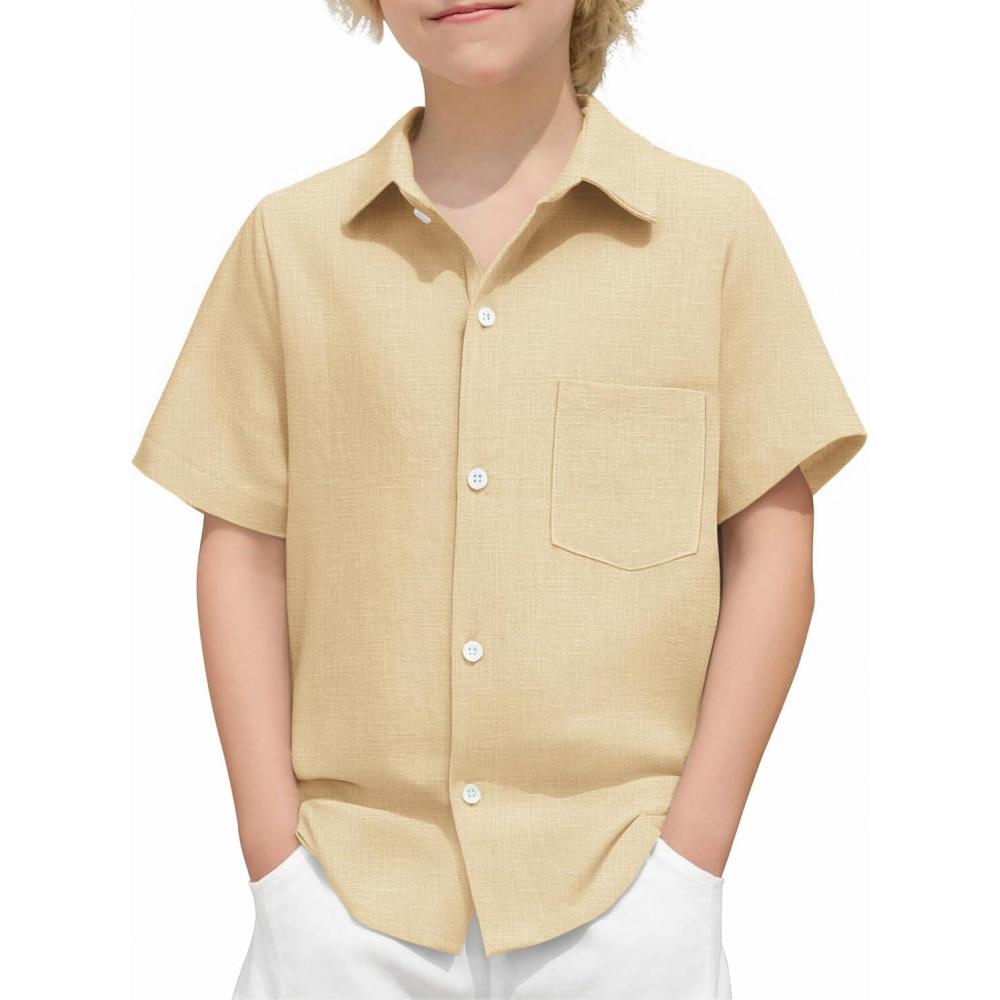 imageArshiner Boys Button Down Shirt 100 Cotton Short Sleeve Shirt Solid Summer Beach Shirts with Pocket Size 414 YearsLight Khaki