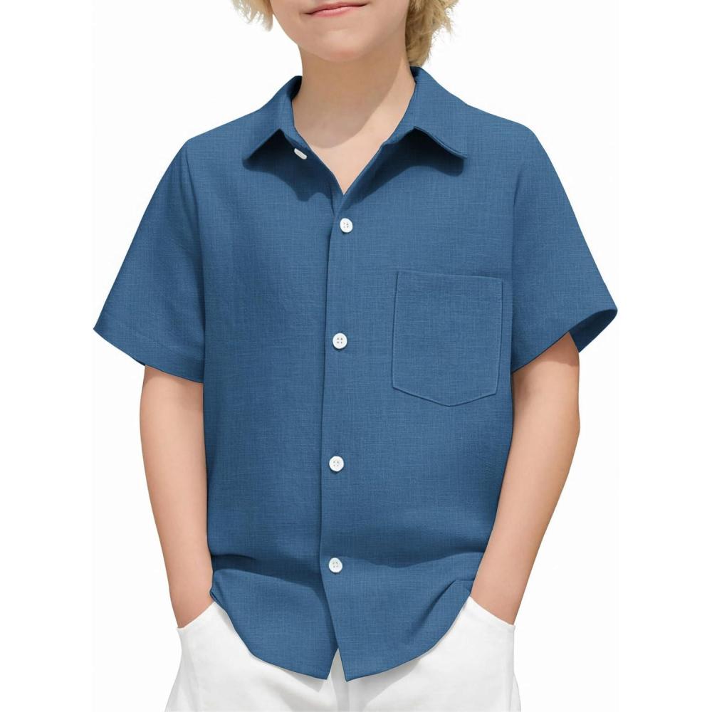 imageArshiner Boys Button Down Shirt 100 Cotton Short Sleeve Shirt Solid Summer Beach Shirts with Pocket Size 414 YearsNavy Blue