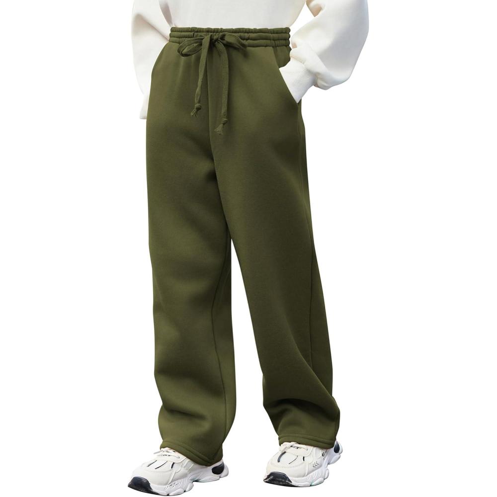 imageArshiner Boys Casual Pants Fleece Sweatpants Lightweight Open Bottom Lounge Pants Drawstring Jogger Pants with PocketsArmy Green