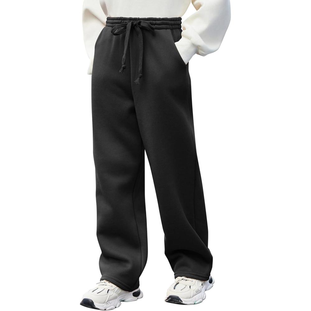 imageArshiner Boys Casual Pants Fleece Sweatpants Lightweight Open Bottom Lounge Pants Drawstring Jogger Pants with PocketsBlack