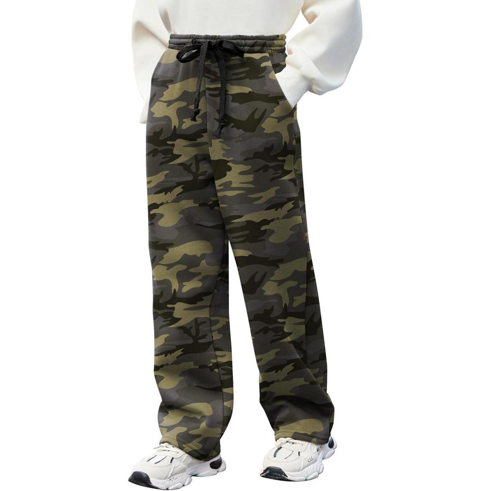 imageArshiner Boys Casual Pants Fleece Sweatpants Lightweight Open Bottom Lounge Pants Drawstring Jogger Pants with PocketsGreen Camo