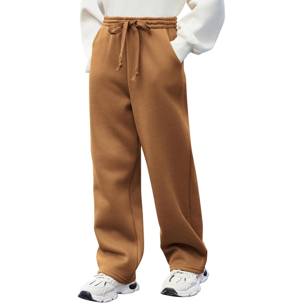 imageArshiner Boys Casual Pants Fleece Sweatpants Lightweight Open Bottom Lounge Pants Drawstring Jogger Pants with PocketsLight Brown