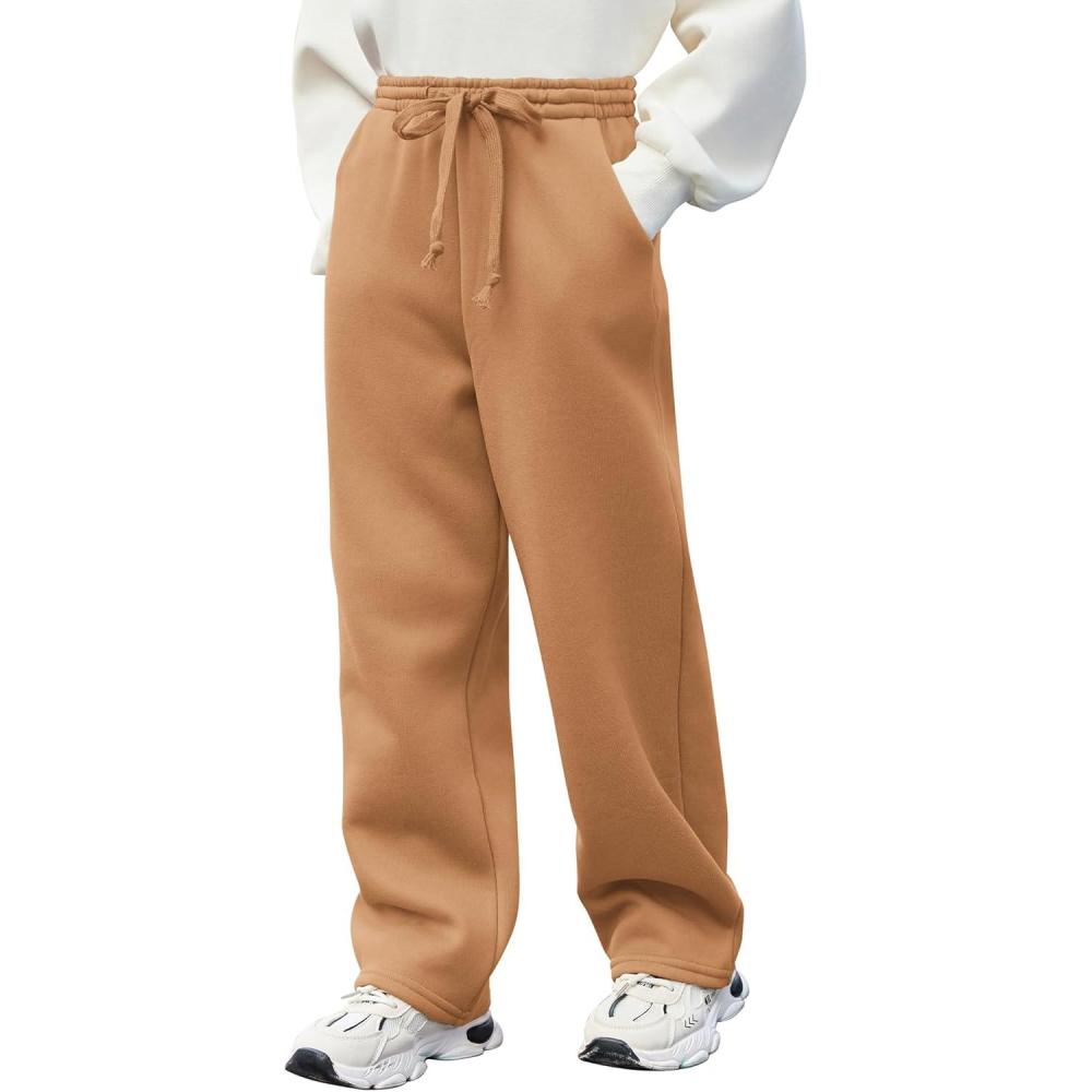 imageArshiner Boys Casual Pants Fleece Sweatpants Lightweight Open Bottom Lounge Pants Drawstring Jogger Pants with PocketsLight Coffee
