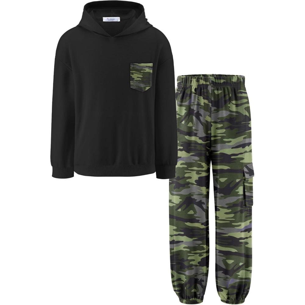 imageArshiner Boys Clothes Long Sleeve Hoodie and Pants Outfit Set 2 Piece Sweatsuits for Fall Winter 614YBlack Camo