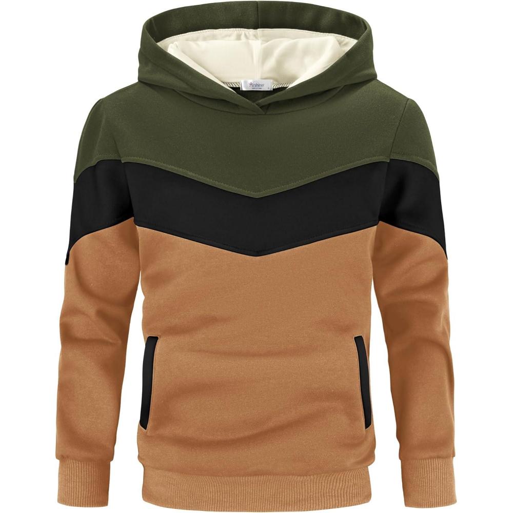 imageArshiner Boys Color Block Pullover Fleece Hoodie Long Sleeve Casual Sweatshirt with Pocket Age 313 YearsArmy Green