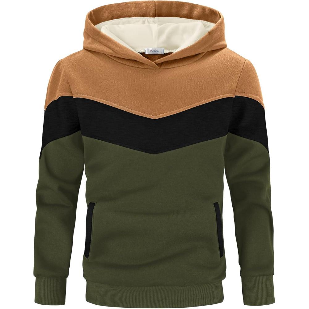 imageArshiner Boys Color Block Pullover Fleece Hoodie Long Sleeve Casual Sweatshirt with Pocket Age 313 YearsBrown Army Green