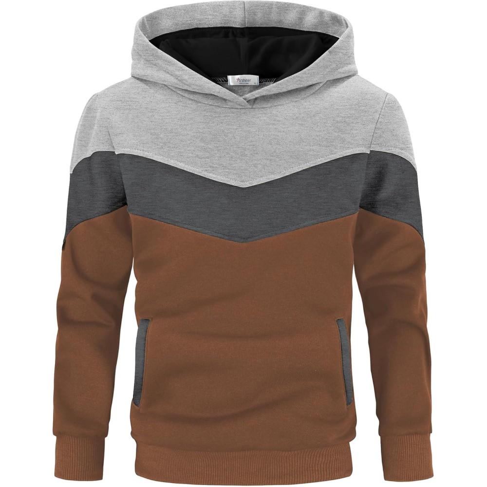 imageArshiner Boys Color Block Pullover Fleece Hoodie Long Sleeve Casual Sweatshirt with Pocket Age 313 YearsGrey  Brown