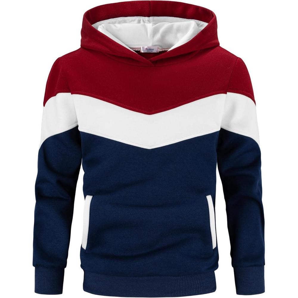 imageArshiner Boys Color Block Pullover Fleece Hoodie Long Sleeve Casual Sweatshirt with Pocket Age 313 YearsRed White Blue