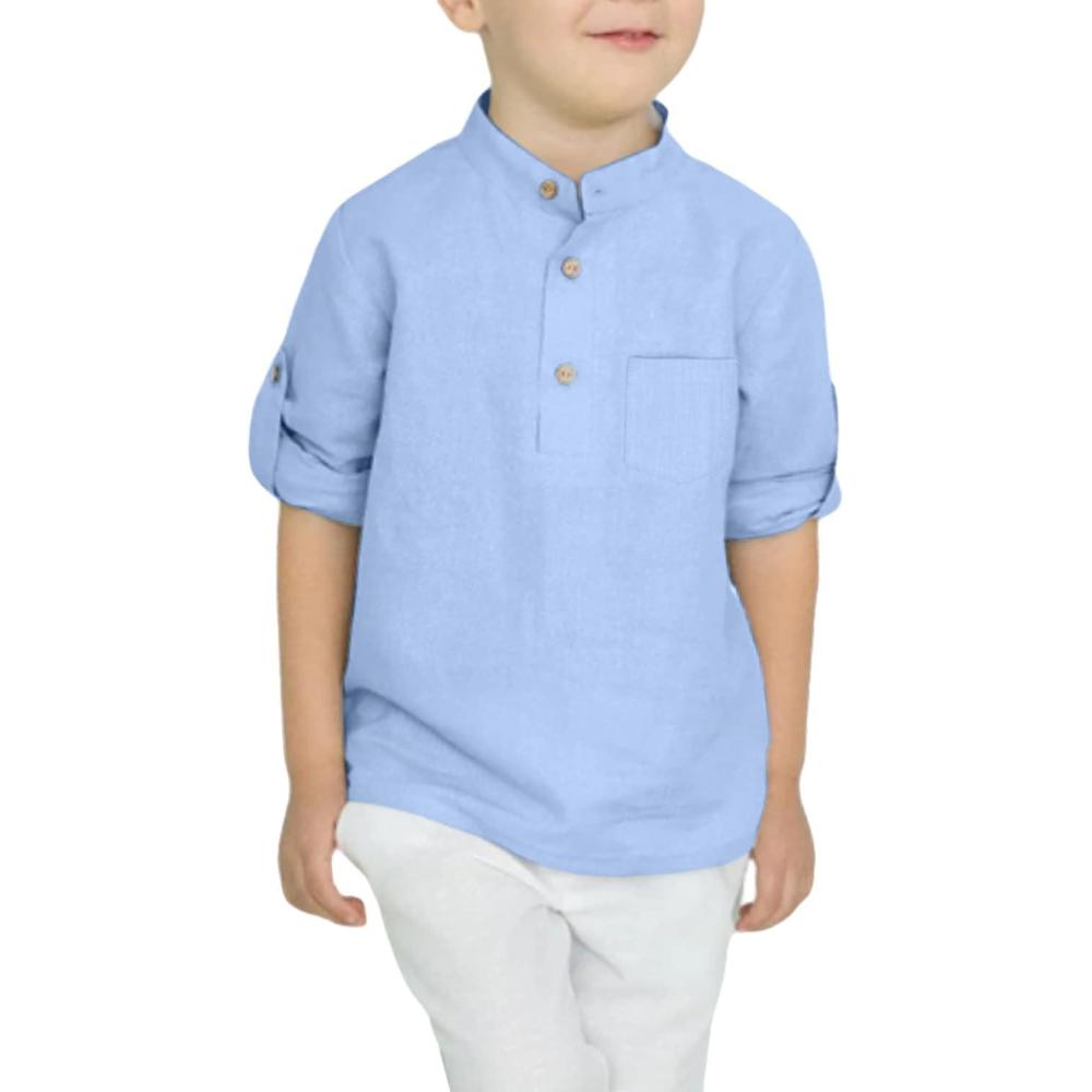 imageArshiner Boys Cotton Linen Henley Shirt Button Down Shirt Long Sleeve T Shirt Beach Shirt Tee Casual Solid TopsBlue
