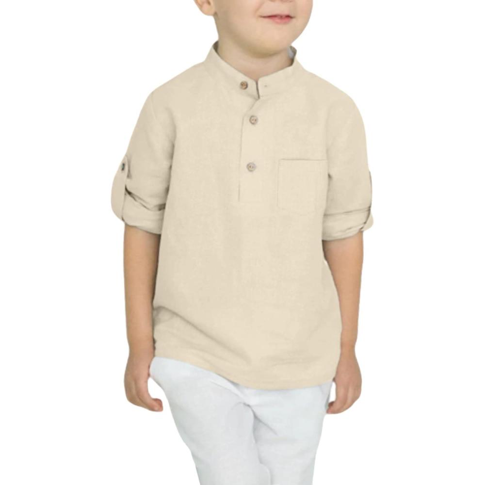 imageArshiner Boys Cotton Linen Henley Shirt Button Down Shirt Long Sleeve T Shirt Beach Shirt Tee Casual Solid TopsLight Khaki