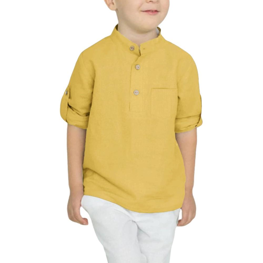 imageArshiner Boys Cotton Linen Henley Shirt Button Down Shirt Long Sleeve T Shirt Beach Shirt Tee Casual Solid TopsYellow