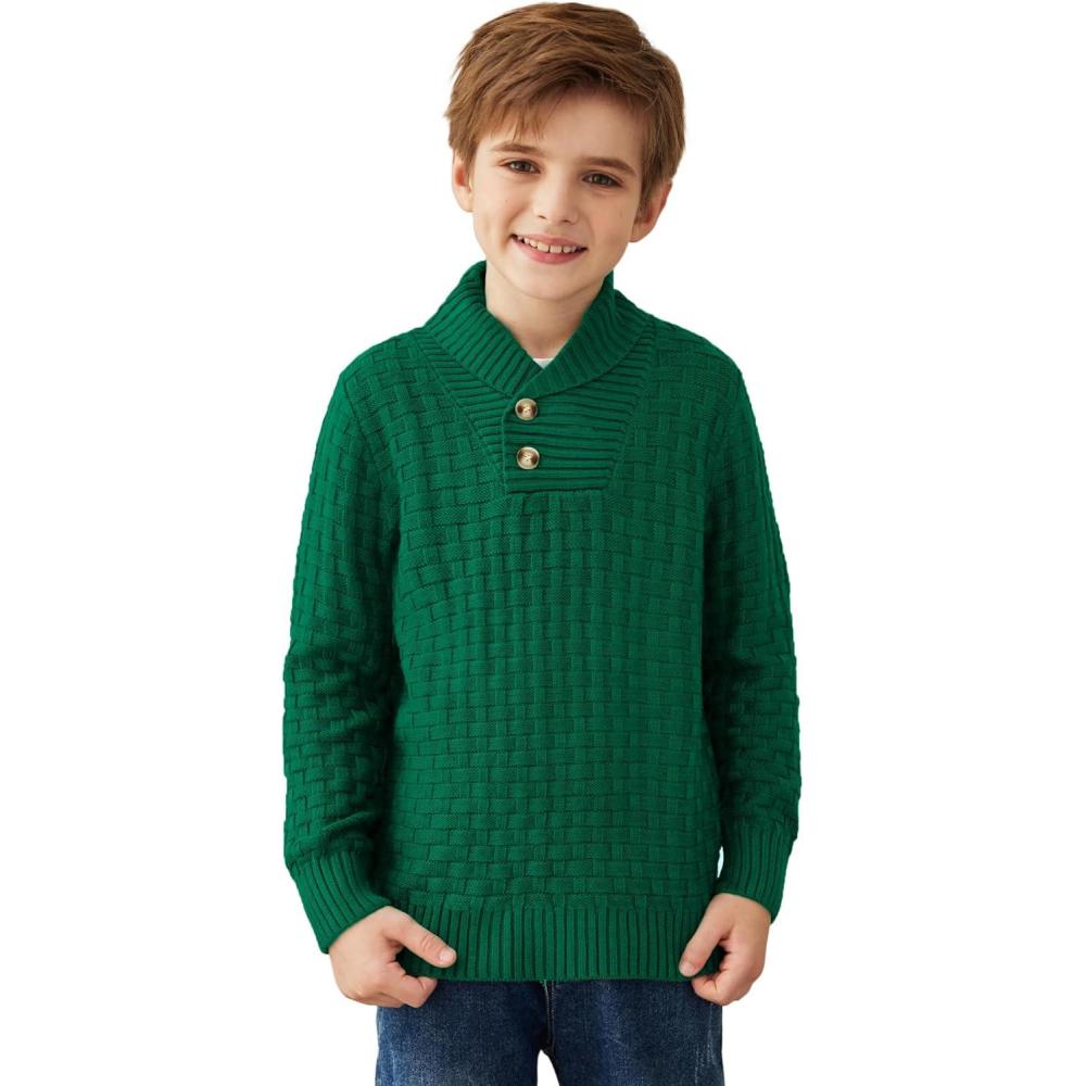 imageArshiner Boys Crewneck Long Sleeve Textured Ribbed Edge Pullover Sweaters Button Up Knitted Sweater TopsGreen