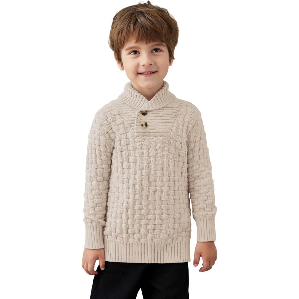imageArshiner Boys Crewneck Long Sleeve Textured Ribbed Edge Pullover Sweaters Button Up Knitted Sweater TopsLight Almond
