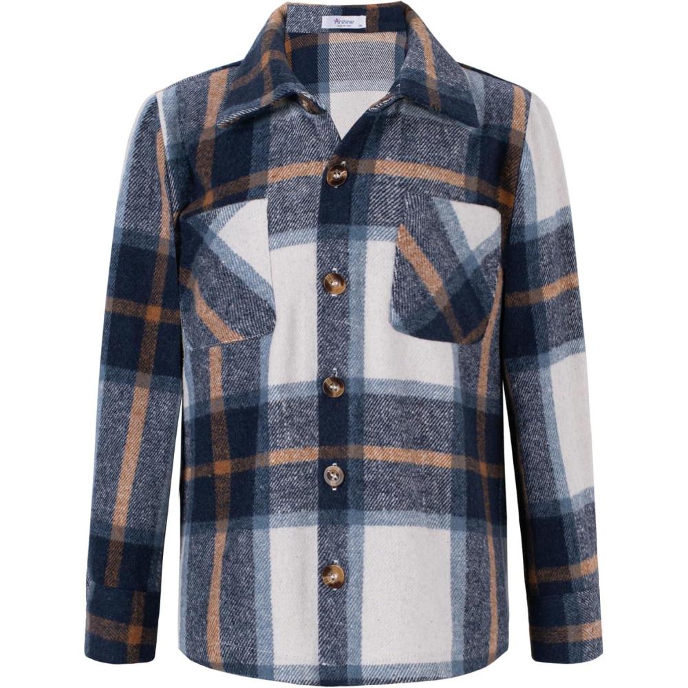 imageArshiner Boys Flannel Shirts Kids Button Down Plaid Shirt Casual Long Sleeve Shirt Tops Boys and Girls Fall Plaid JacketBlue White
