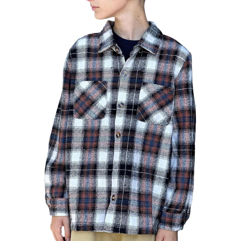 imageArshiner Boys Flannel Shirts Kids Button Down Plaid Shirt Casual Long Sleeve Shirt Tops Boys and Girls Fall Plaid JacketOrange Gray
