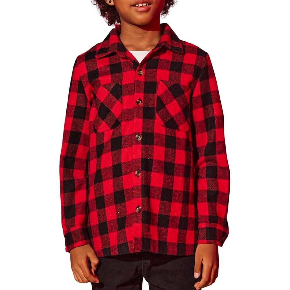 imageArshiner Boys Flannel Shirts Kids Button Down Plaid Shirt Casual Long Sleeve Shirt Tops Boys and Girls Fall Plaid JacketRed Black