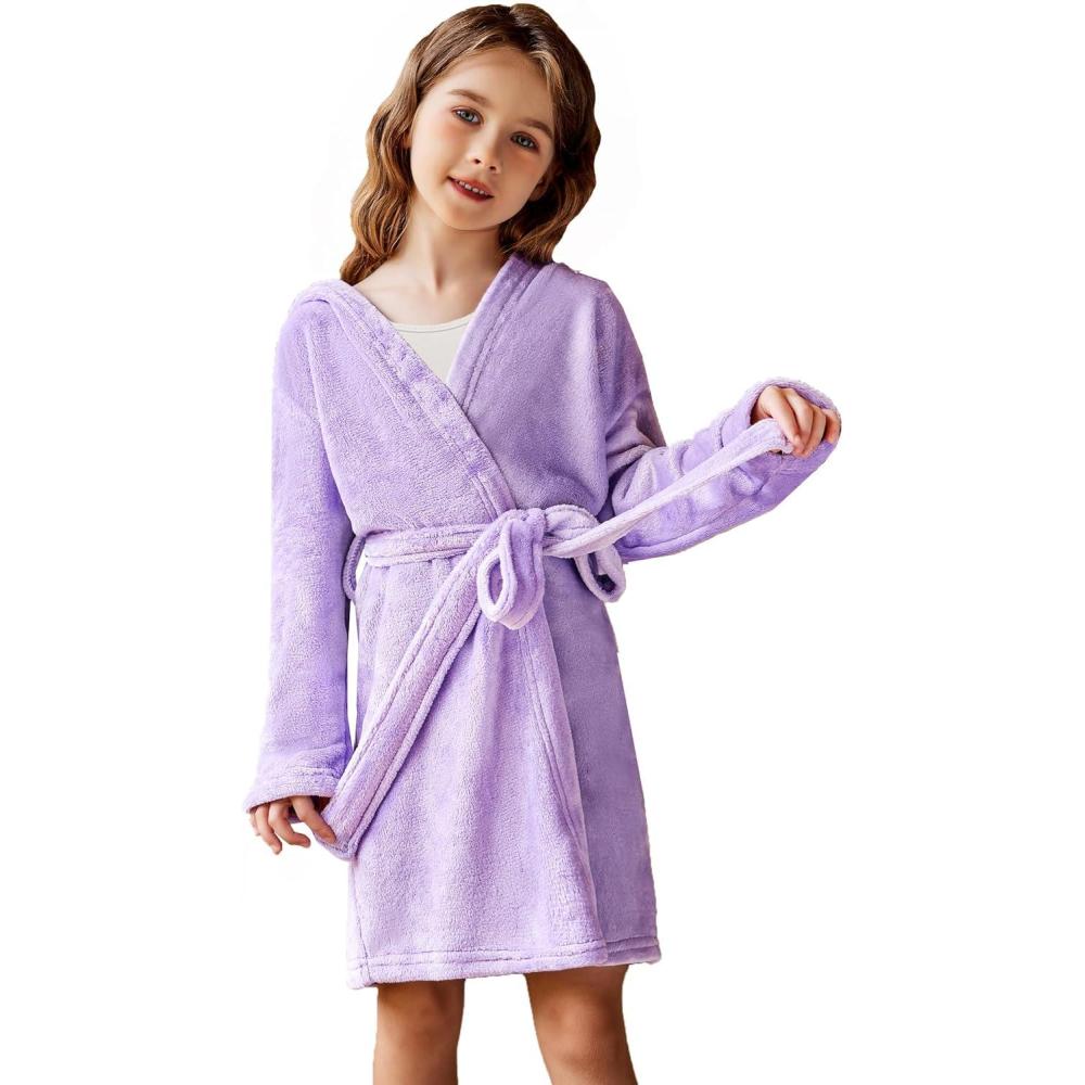 imageArshiner Boys Girls Flannel Bathrobes Soft Fuzzy Hooded Robe Sleepwear with Belt for KidsLilac