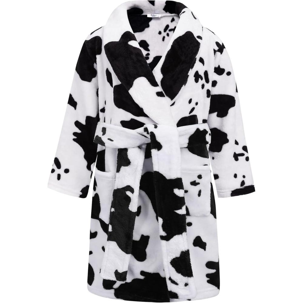 imageArshiner Boys Girls Flannel Bathrobes Soft Fuzzy Hooded Robe Sleepwear with Belt for KidsMilk Cow Print