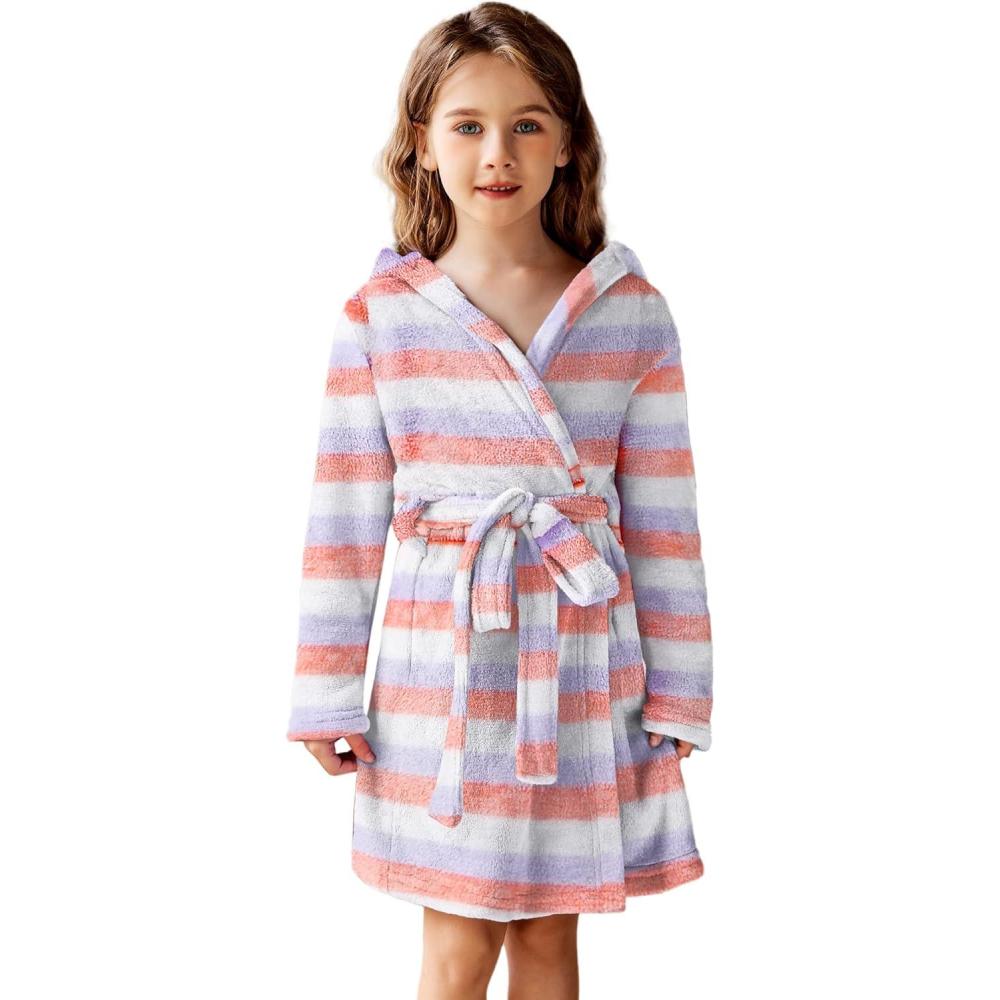 imageArshiner Boys Girls Flannel Bathrobes Soft Fuzzy Hooded Robe Sleepwear with Belt for KidsPink Stripes