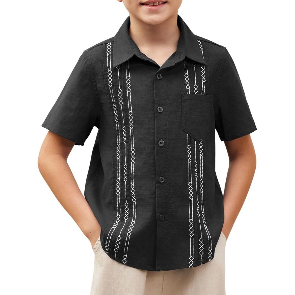 imageArshiner Boys Guayabera Shirt Short Sleeve Cotton Linen Button Down Shirt Summer Beach Tops with One PocketBblack