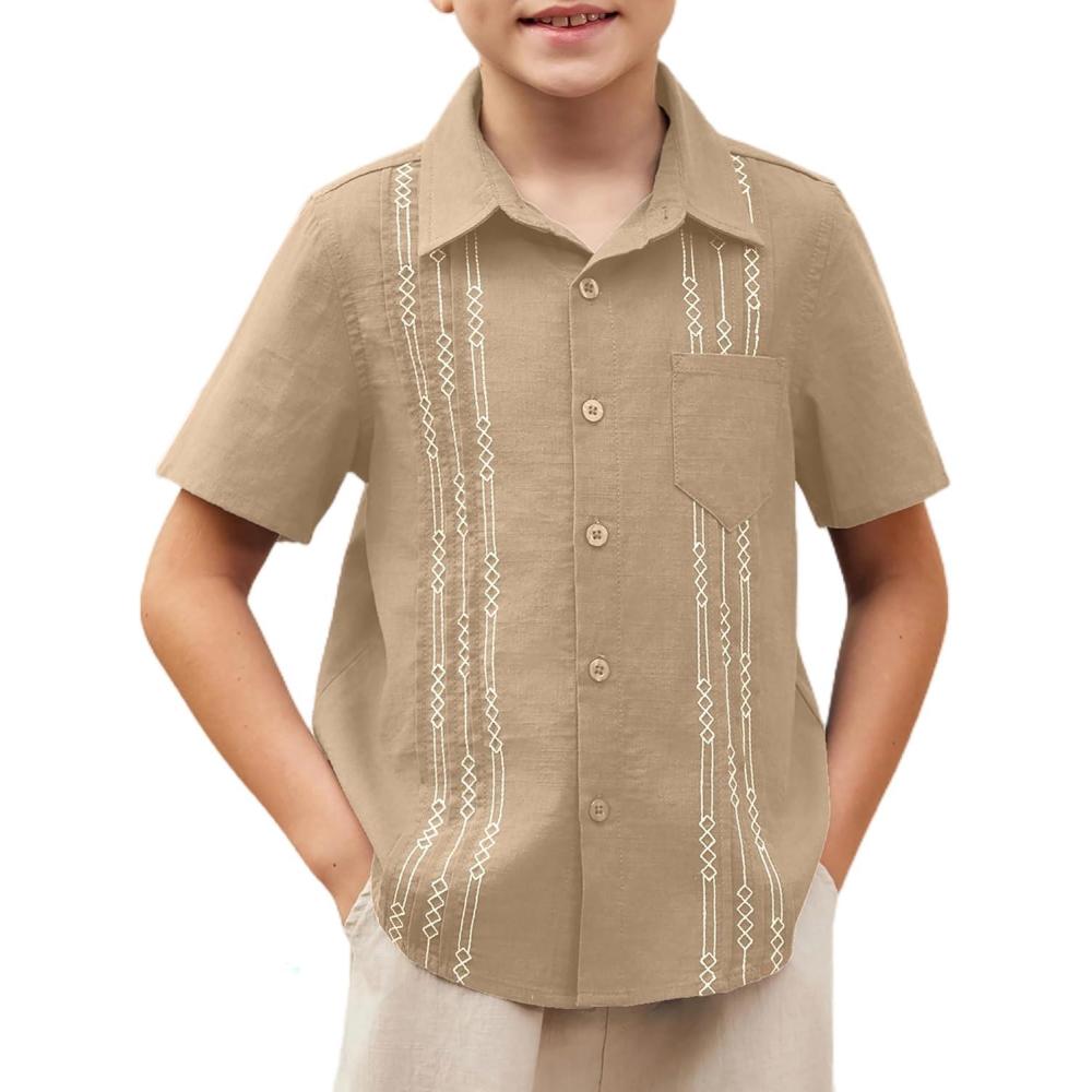 imageArshiner Boys Guayabera Shirt Short Sleeve Cotton Linen Button Down Shirt Summer Beach Tops with One PocketKhaki