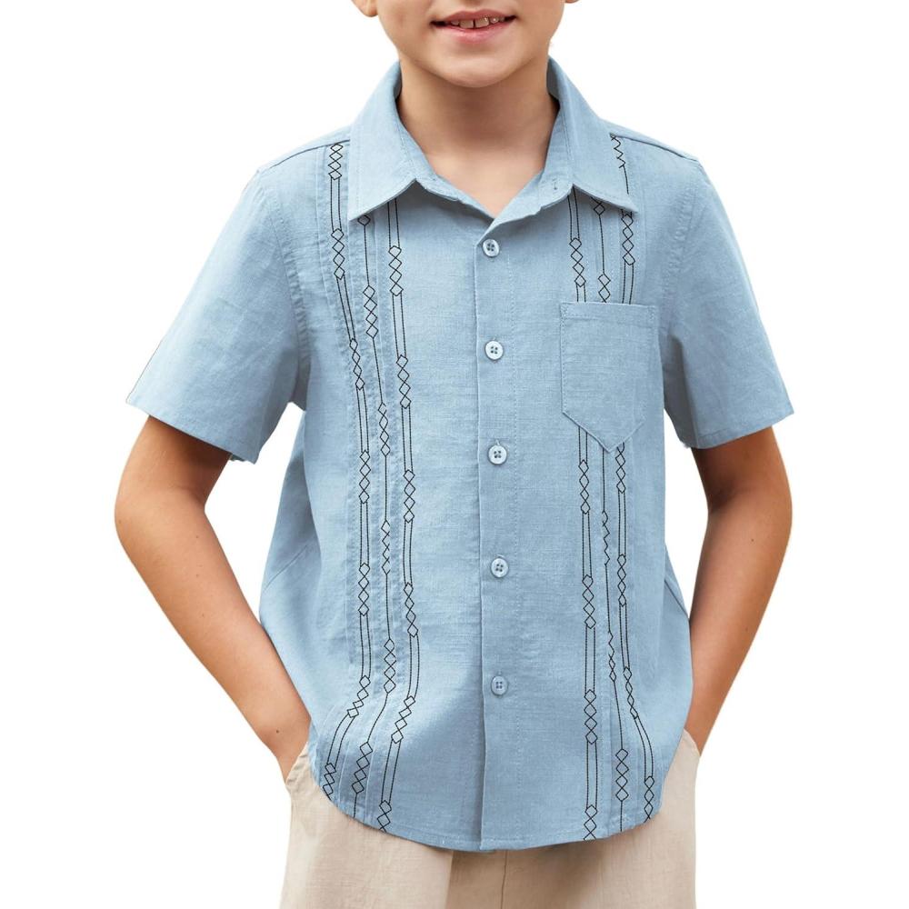 imageArshiner Boys Guayabera Shirt Short Sleeve Cotton Linen Button Down Shirt Summer Beach Tops with One PocketLight Blue