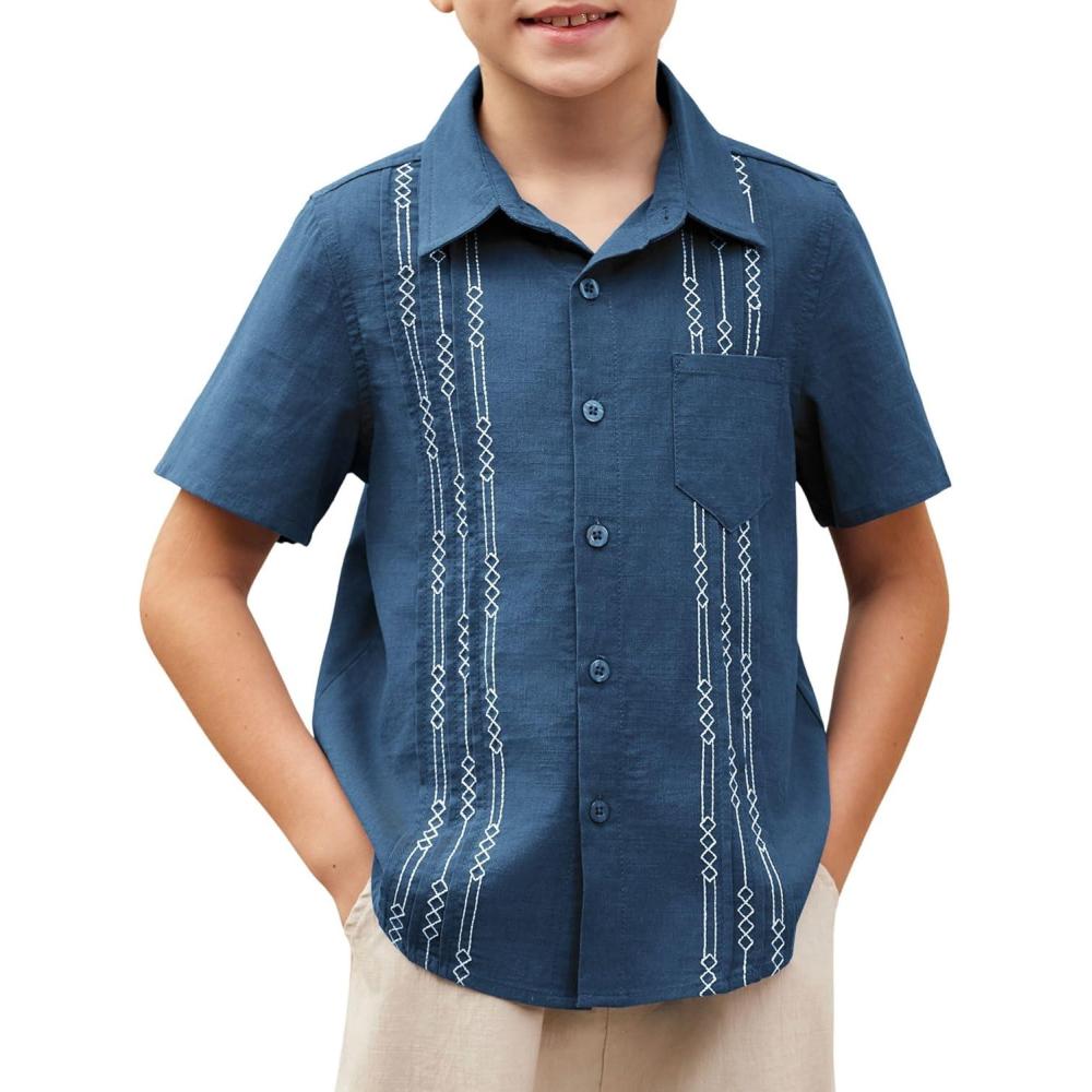 imageArshiner Boys Guayabera Shirt Short Sleeve Cotton Linen Button Down Shirt Summer Beach Tops with One PocketNavy Blue