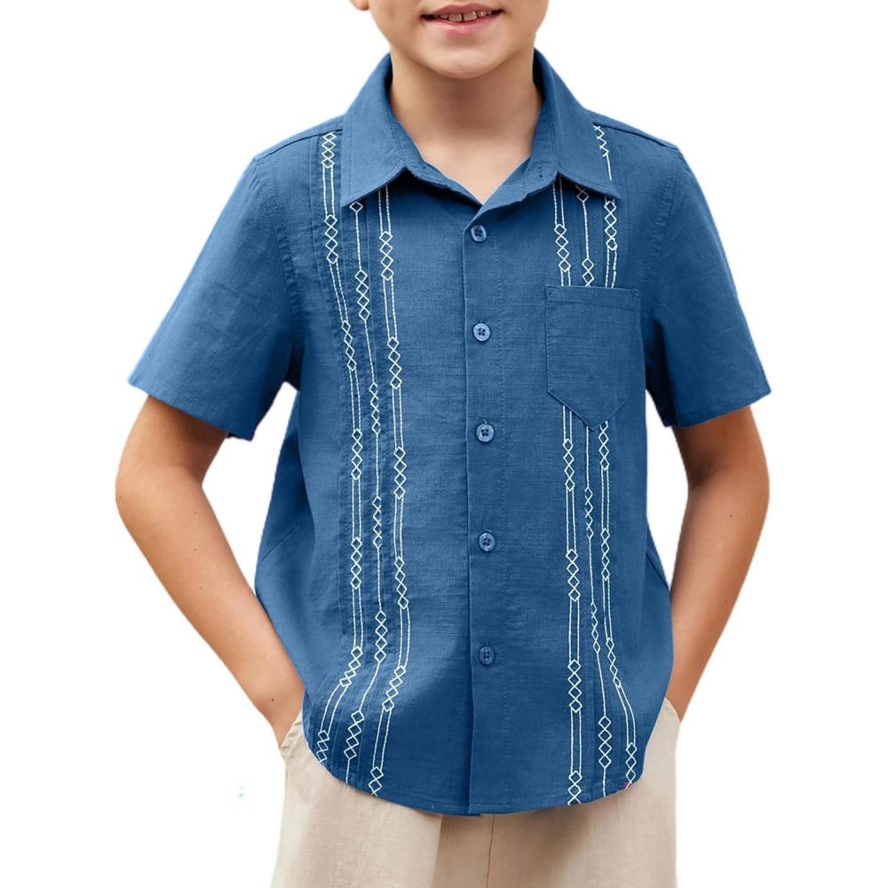 imageArshiner Boys Guayabera Shirt Short Sleeve Cotton Linen Button Down Shirt Summer Beach Tops with One PocketRoyal Blue
