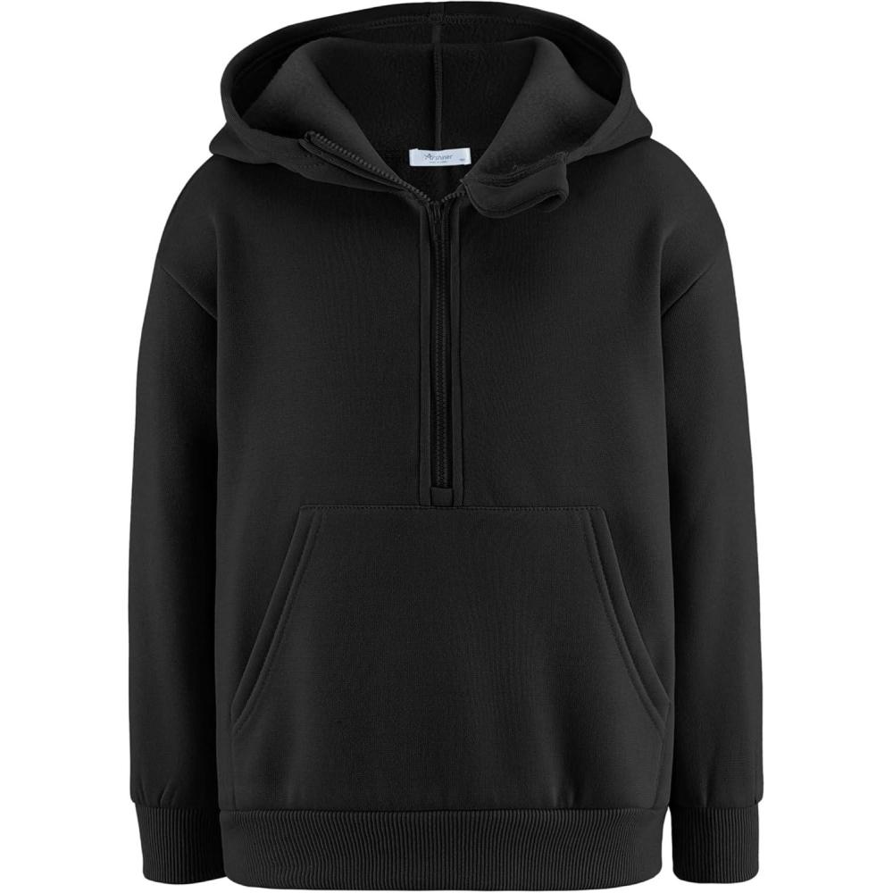 imageArshiner Boys Hooded Sweatshirts Long Sleeve Hoodies Kids Quarter Zip Pullover with Kangaroo Pocket 514YBlack