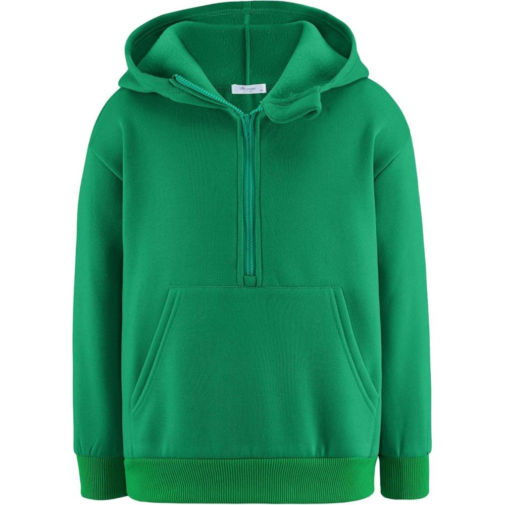 imageArshiner Boys Hooded Sweatshirts Long Sleeve Hoodies Kids Quarter Zip Pullover with Kangaroo Pocket 514YGreen